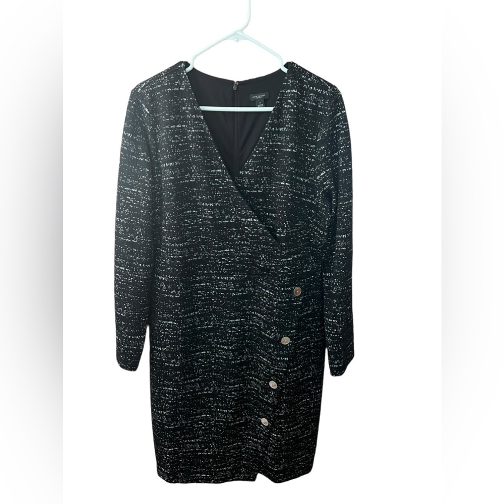 Ann Taylor Factory Black White Mottled Faux Wrap Sheath Button Detail Size 14